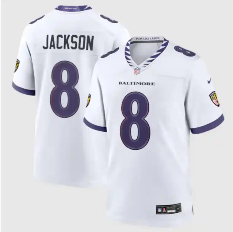 Baltimore Ravens #8 Lamar Jackson — Maillot Football Blanc