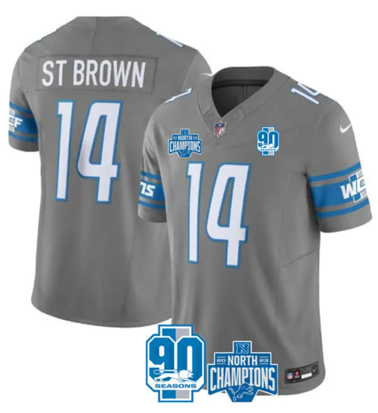 Men's Detroit Lions #14 Amon-Ra St. Brown Gray 2023 90th Anniversary North Division Champions Patch Limited Stitched Jersey