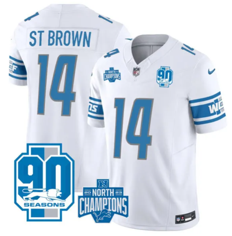 Men's Detroit Lions #14 Amon-Ra St. Brown White 2023 90th Anniversary North Division Champions Patch Limited Stitched Jersey