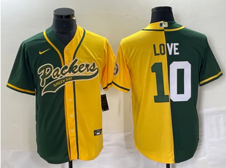 Men's Green Bay Packers #10 Jordan Love Green Yellow Split With Patch Cool Base Stitched Baseball Jersey