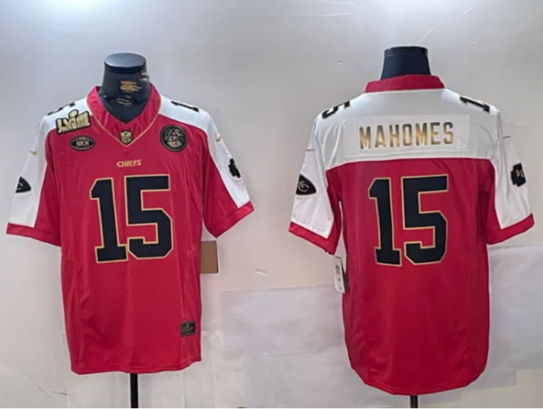 Men's Kansas City Chiefs #15 Patrick Mahomes Red With Gold Super Bowl LVIII Patch Limited Stitched Football Jersey