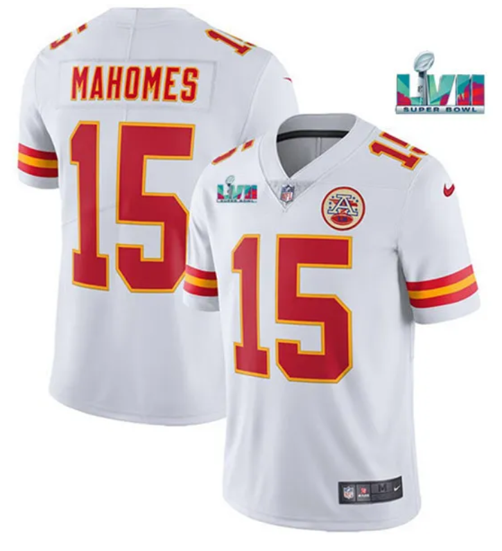 Men's Kansas City Chiefs #15 Patrick Mahomes White Super Bowl LVII Patch Vapor Untouchable Limited Stitched Jersey