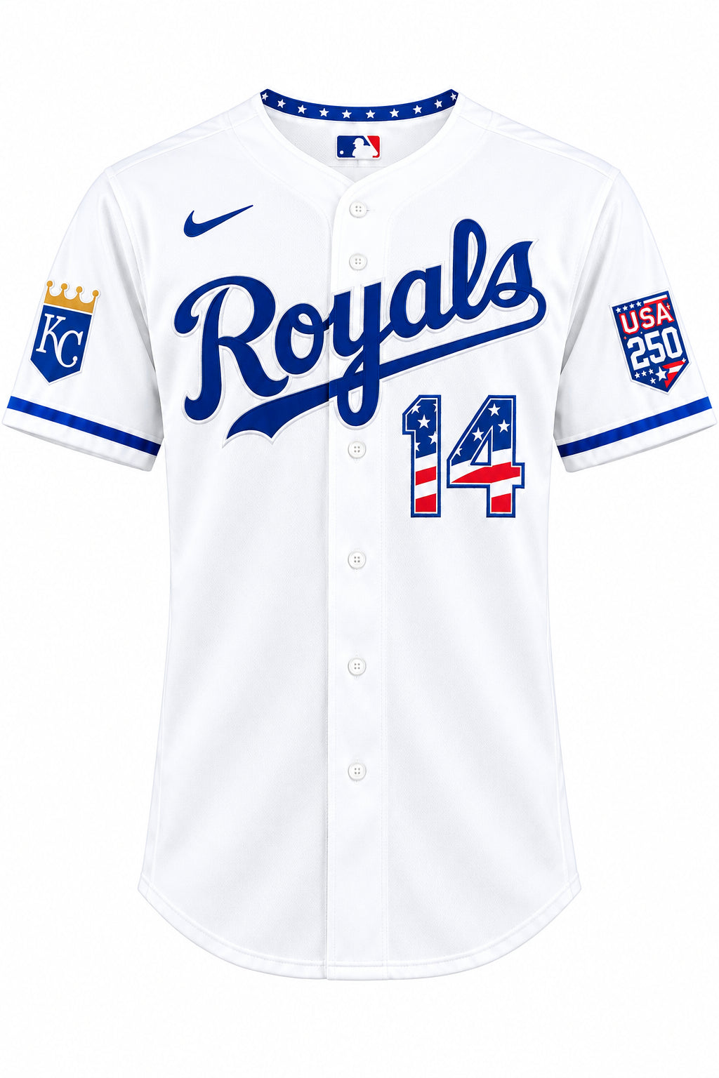 Men's Kansas City Royals #14 Jac Caglianone White USA 250 Fourth of July Home Stadium 