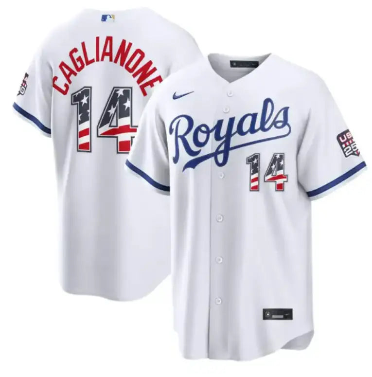 Men's Kansas City Royals #14 Jac Caglianone White USA 250 Fourth of July Home Stadium Jersey