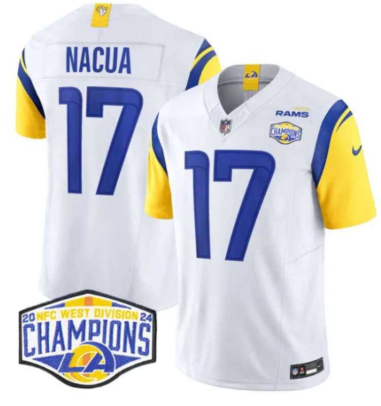 Men's Los Angeles Rams #17 Puka Nacua White 2024 NFC West Champions F Jersey