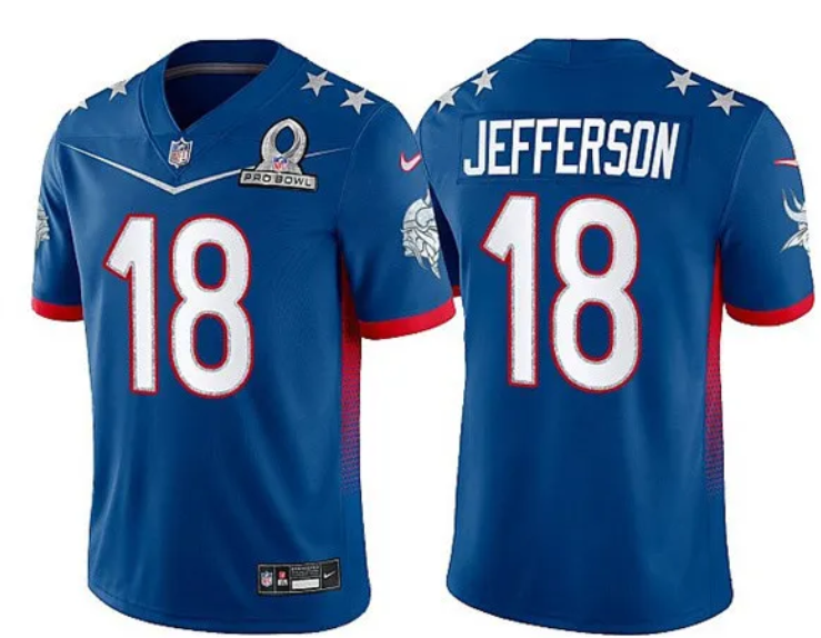 Men's Minnesota Vikings #18 Justin Jefferson Royal 2022 NFC Pro Bowl Stitched Jersey