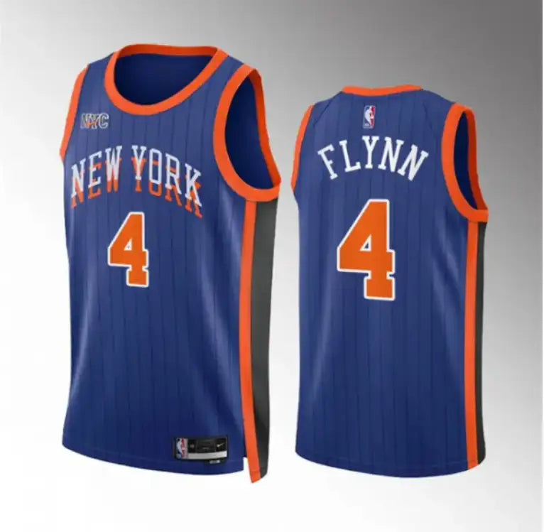 Men's New York Knicks #4 Malachi Flynn Blue 2023-24 City Edition Stitched Basketball Jersey