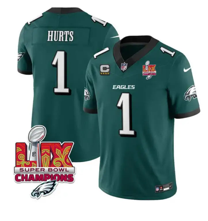 Men's Philadelphia Eagles #1 Jalen Hurts Green 2025 Eagles Logo Super Bowl LIX Patch 