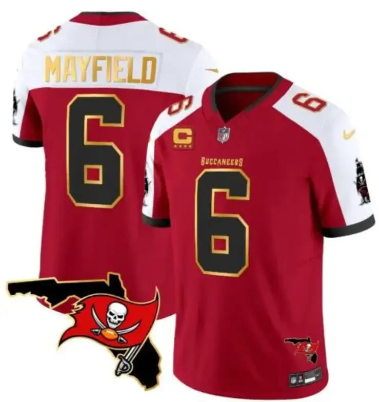 Men's Tampa Bay Buccaneers #6 Baker Mayfield Red White With Florida Patch Gold Trim Vapor Football Stitched Jersey