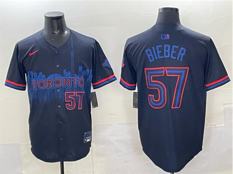 Men's Toronto Blue Jays #57 Shane Bieber Navy 2024 City Connect Limited Stitched Baseball Jersey