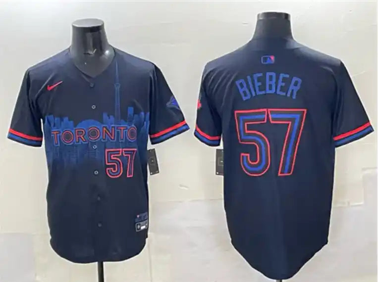 Men's Toronto Blue Jays #57 Shane Bieber Navy 2024 City Connect Limited Stitched Baseball Jersey